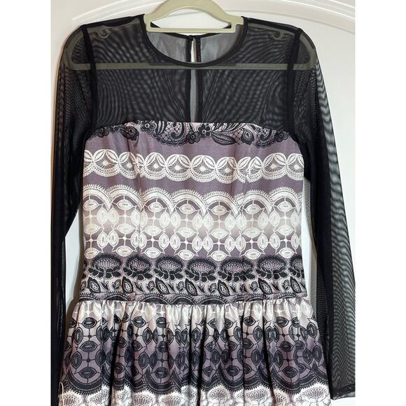 Eliza J Cocktail Dress Size 6 Purple Floral Mesh Sleeves Fit & Flare Whimsygoth - Picture 2 of 8